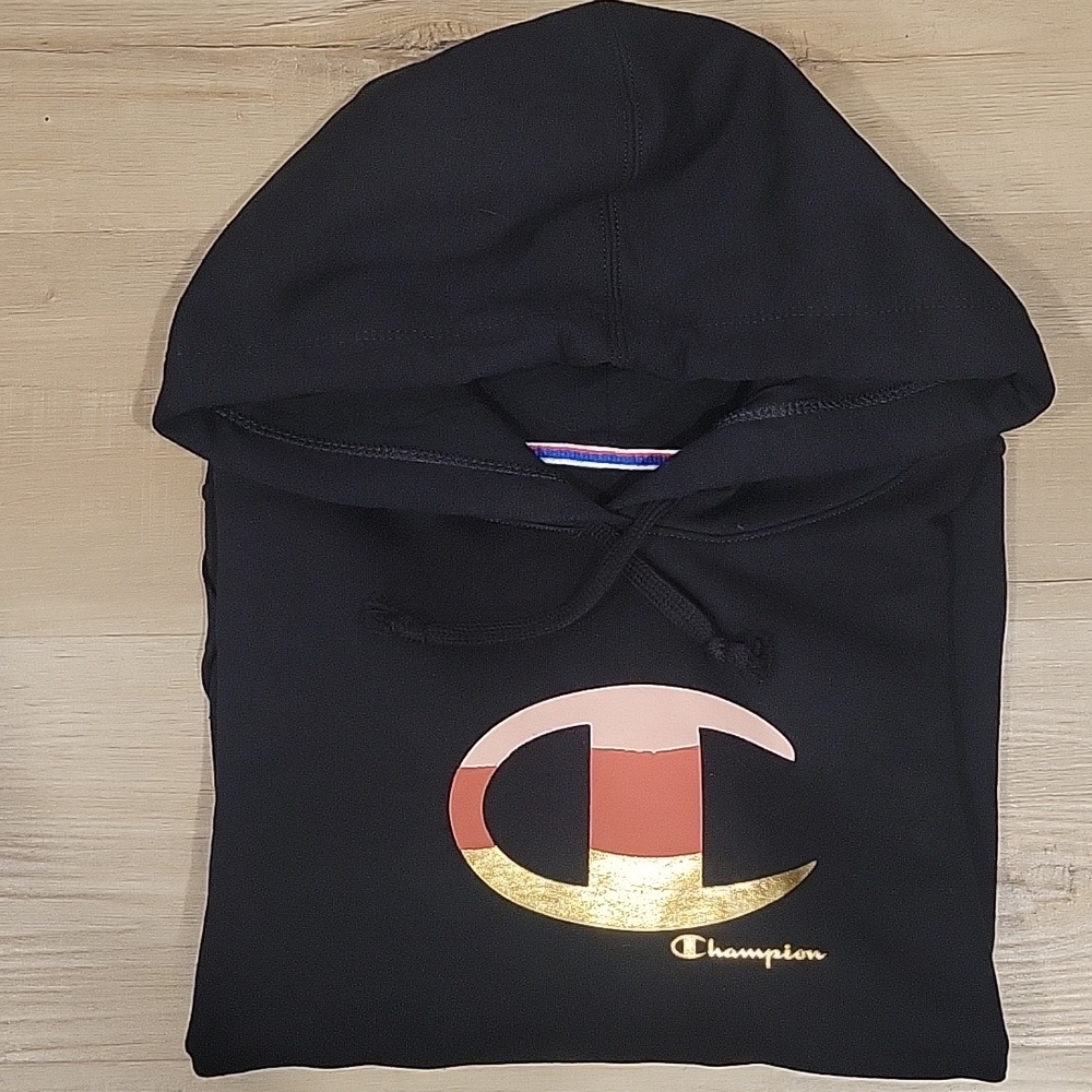 Champion Black Hoodie with Sunset Gradient Logo
